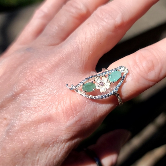 "2 Peas in a Pod" Emerald & Pink Topaz sterling ring sz8 - Picture 5 of 7
